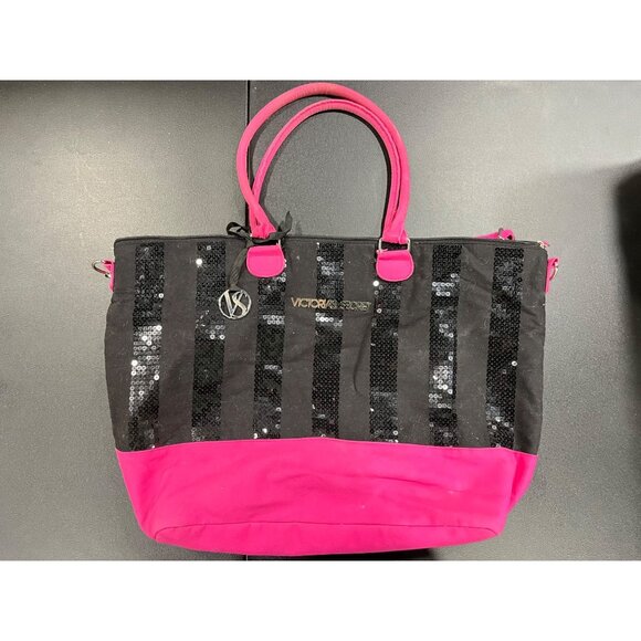 Victorias Secret Black & Pink Sequin Tote Bag Weekender Limited Edition - Picture 2 of 10